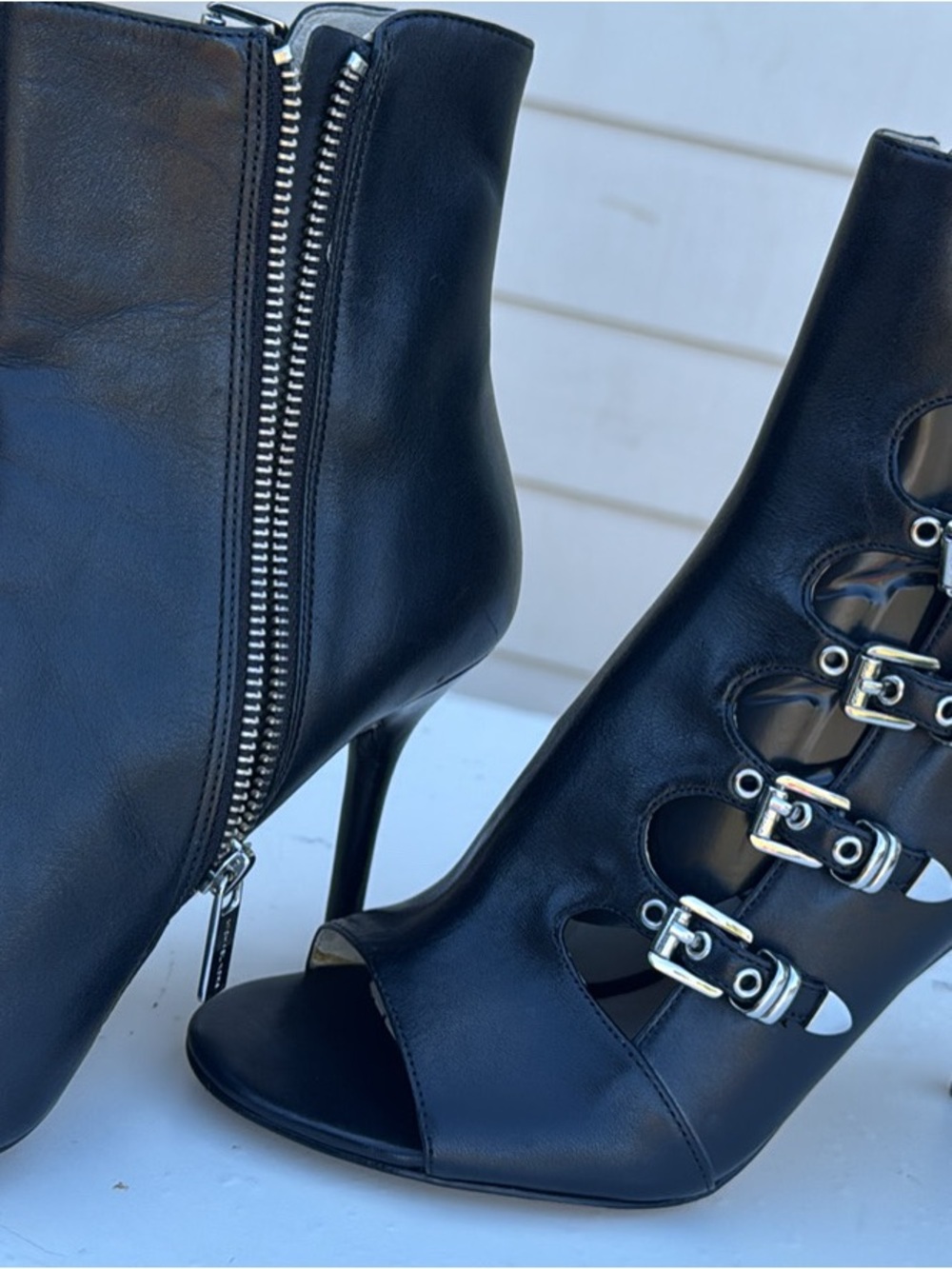 Michael Kors Black Leather Peep-Toe Buckle Ankle Booties
